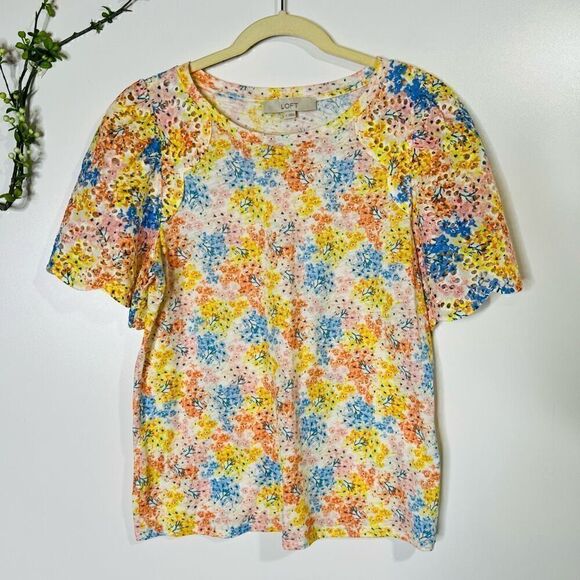 LOFT Floral Lace Sleeve Tee Shirt - Picture 1 of 10